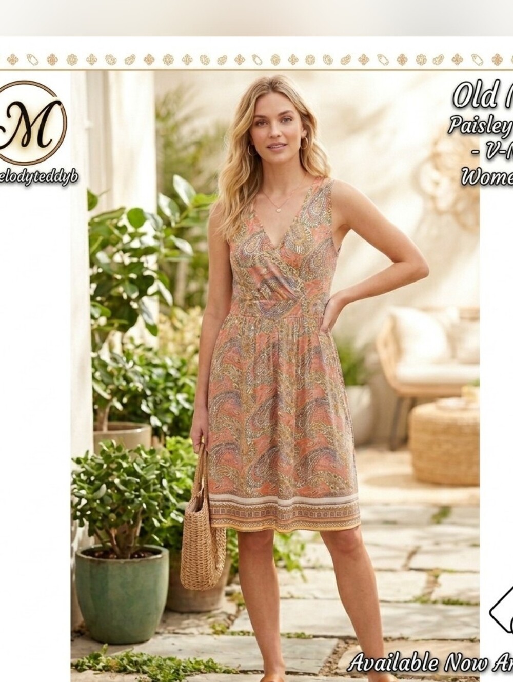 Old Navy Paisley Faux-Wrap V-Neck Midi Dress Orange Yellow Women's Size M